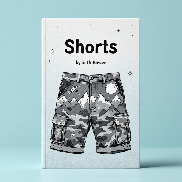 A pair of camo cargo shorts is centered on the cover against a light blue background. The design pattern on the shorts features an artistic, sketch-like illustration of mountains, a spaceship, and the moon, creating a whimsical and surreal effect. Small, playful linework details, such as stars scattered in the sky and jagged mountain ridges, add to the design.