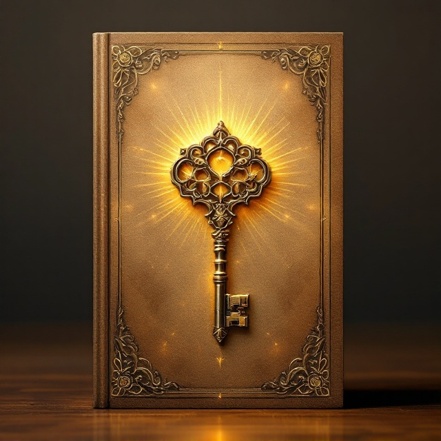 A large, intricately designed antique key rests at the center of the cover, angled slightly to the right. The key casts a faint golden glow, symbolizing optimism and good fortune. Abstract, sweeping patterns radiate outward from the key, suggestive of inspiration and interconnected ideas. A textured brown background resembling aged parchment subtly softens the design, lending a warm and inviting tone. Fine embossed details in the corners mimic ornate, classic filigree, enhancing the vintage vibe.