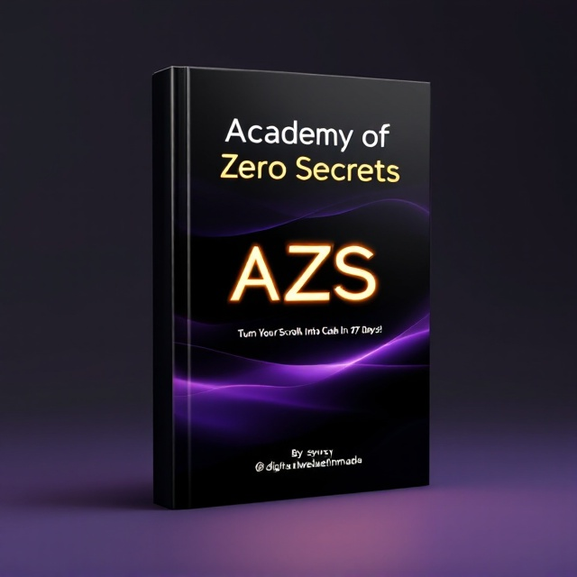 A clean sleek gradient background flowing from black at the top to a subtle purple at the bottom. The title "Academy of Zero Secrets (AZS)" is bold and central on the cover, with "AZS" highlighted using a futuristic yellow glow. Underneath the title, the tagline "Turn Your Scrolls Into Cash in 27 Days!" is positioned in a clean, smaller font. The author name "By sdvsv / @digitalwealthmade" is placed symmetrically on the lower edge of the cover in professional font style, aligning with the minimalist design approach. No extra imagery is used, maintaining a streamlined and elegant look.