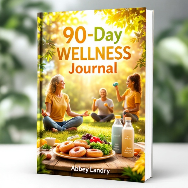 The cover features a lively and invigorating scene where a diverse group of joyful individuals are shown engaging in various activities that embody health and wellness. On the left, a middle-aged woman meditates serenely on a grassy patch surrounded by flowing trees and sunlight, exuding calm and confidence. On the right, a pair of people are smiling while lifting light dumbbells. In the lower-center area, there's a bright, focal image of a hand choosing a vibrant green salad over a plate of donuts sitting on a wooden table. Water bottles with motivational phrases are scattered throughout the background, blending naturally with the environment. The background smoothly transitions from the warm earthy tones of nature to bright white for added readability.