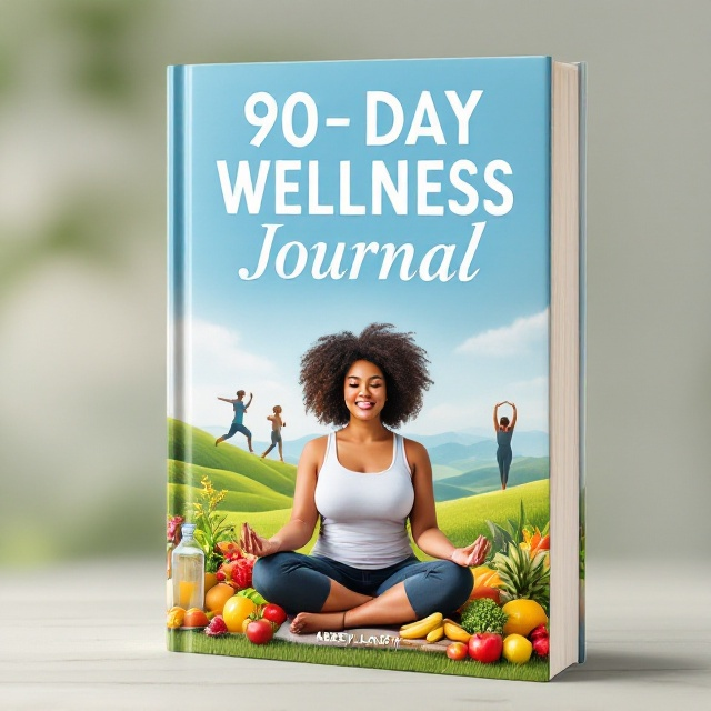 A serene and uplifting cover with a scenic nature background featuring a vibrant, light-blue sky and green rolling hills. In the foreground, a plus-sized woman is shown meditating in a yoga pose, radiating confidence. Flanking her on either side are fresh fruits, vegetables, and a bottle of water, artistically arranged to represent balanced nutrition. Behind her, silhouettes of diverse individuals jogging, lifting light weights, and stretching illustrate wellness activities. The overall imagery ties into themes of positivity, well-being, and action.