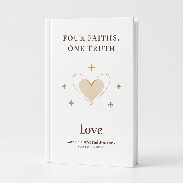standing book mockup, Its title is "Four Faiths, One Truth: love,  Love’s Universal Journey.".  A clean and minimalistic white background with a centered, slim and elegant heart symbol. Encircling the heart are four smaller symbols, subtly representing the four faiths, evenly spaced in a circular formation around the heart. The title "Four Faiths, One Truth love" is positioned above the heart in an aligned, centered style. The subtitle "Love’s Universal Journey" is below the heart, in a smaller and more delicate font. The title is in a modern serif font, such as Garamond or Playfair Display, bold but not overly heavy, providing clarity and sophistication. The subtitle is in a lighter sans-serif font, like Lato or Open Sans, creating a pleasing contrast and emphasizing elegance and simplicity., The elements are vertically aligned to maintain a symmetrical balance. The heart symbol is the focal point, followed by the four smaller religious symbols that create a unified, circular harmony around it. The background is left entirely white to emphasize the simplicity and joy of the design. The area where the author's name typically appears should be left completely blank, with no text or placeholder.
