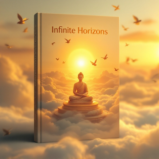A serene depiction of a vast, golden horizon that blends seamlessly into a sky filled with soft, radiant clouds glowing with the sunrise. At the center of the composition, a peaceful Buddha figure appears semi-transcendent, sitting in a lotus pose, surrounded by a subtle halo of light. The Buddha is elevated slightly above the horizon, signifying enlightenment and transcendence. Soft birds in flight are incorporated around the Buddha figure to symbolize freedom, joy, and spiritual ascent.