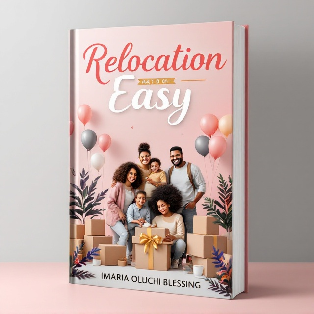 A large, joyful illustration of a family or friends surrounded by moving boxes, balloons, and a bright pink and grey gradient background. A subtle plant motif is incorporated for warmth and home-themed imagery. A golden ribbon at the center emphasizes a celebratory mood.