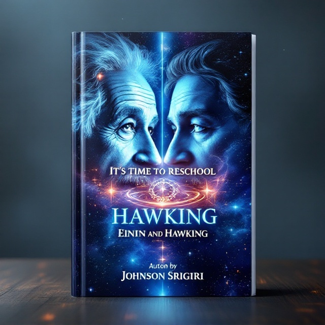 The book cover features a split design with the faces of Albert Einstein and Stephen Hawking on opposite halves. Einstein is on the left side, sketched in an ethereal light blue tone, while Hawking's face occupies the right half in a similar celestial palette. In the background, a swirling cosmos with stars, nebulae, and deep space hues transitions seamlessly through the center. A luminous clock with glowing gears sits in the middle, symbolizing the passage of time, bridging their two worlds. Subtle equations and cosmic symbols are delicately blended into the artwork, emanating from the clock's face.