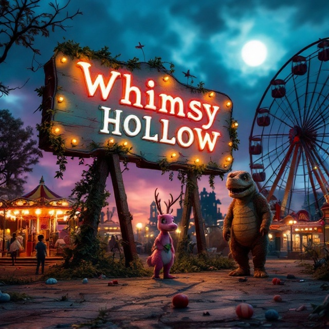 A dilapidated amusement park scene at twilight, dominated by the faded pastel “Welcome to Whimsy Hollow” sign, tilted and surrounded by creeping vines. Flickering bulbs cast an eerie glow. In front of the sign, the three towering mascots—Alina Virelle (a pink caribou with an unsettling, elegant smile), Melisandra Joy (a whimsical yet haunting nightingale), and Griffin Rex (a strong, protective dino with a watchful glare)—stand as figures both inviting and foreboding. Behind them, the chipped carousel frozen mid-spin and a silhouetted Ferris wheel loom large against a dim, purplish-red sky. Broken fairy lights splash a surreal glow across the cover, while the ground is scattered with toys, a deflated balloon, and faint tracks leading into the park, heightening the sense of mystery and decay.