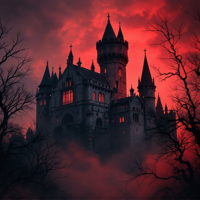 A shadowy gothic castle with spires and weathered stone dominates the background, faintly illuminated by the ominous glow of a blood-red sky. Stark silhouettes of leafless trees frame the bottom of the castle, creating an eerie and mysterious atmosphere. Wisps of dark mist curl and swirl near the base of the castle, blending into the crimson tones of the horizon.