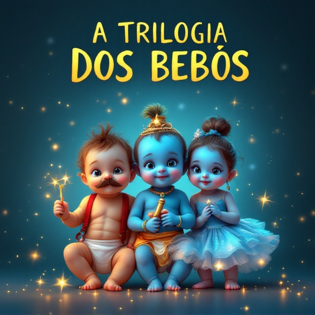 Three fantastical-looking babies are positioned front and center against a gradient blue background that transitions from midnight to cerulean blues. The first baby has a little mustache and red suspenders with a white diaper. The second baby, with glowing blue skin reminiscent of Krishna, holds a small gold flute. The third baby, a girl in a shimmering blue ballet skirt, is posed gracefully with a wand sparkling in her hand. A subtle swirl of magical golden light sways around them, tying their surreal appearances together. In the background, faint glowing stars and ethereal shapes create a dreamy, magical atmosphere.