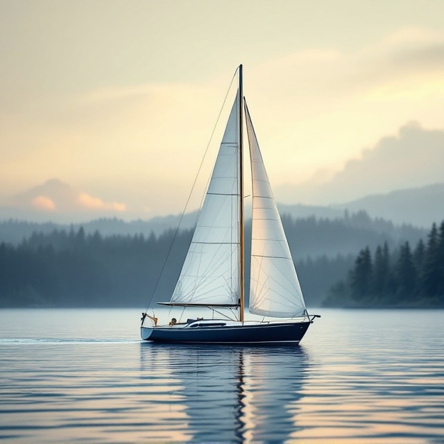 A modern navy blue sailboat with elegant full white sails, gliding on calm, crystal-clear seas. The horizon gently transitions into a soft woodland with a serene forest in the background, tinted in deep greens and subtle shadows. The sailboat is the centerpiece, slightly off-center to the right, giving the design a modern asymmetry. The sky above is dusk-like, with soft golds and blues blending seamlessly.
