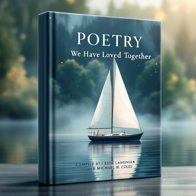 A serene image of a modern navy-blue sailboat with full white sails, gliding effortlessly on a calm and reflective sea. The background features a soft, lush green forest with touches of golden light peeking through, creating balance and harmony. The color palette blends navy blue, white, and shades of green, with subtle gold accents to suggest elegance and poetry. A minimalist overlay of soft mist adds depth.