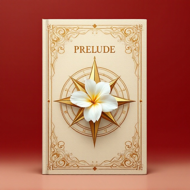 - A light beige background with a gradient that softly blends into a dreamy, muted soft red tone around the edges. - A detailed golden compass rose (rosa de los vientos) placed prominently in the center of the design, exuding a medieval, ornate style. - A single white plumeria rubra flower placed delicately in the center of the compass rose, creating a focal point that radiates an ethereal and dreamy quality. - Subtle golden swirls and patterns decorating the edges to accentuate the fantasy and medieval tone, without overloading the design.