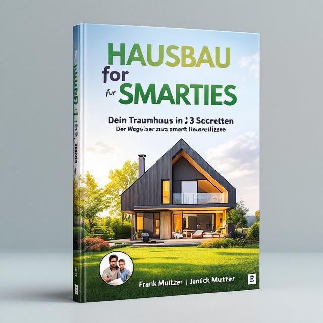 A striking image of a modern, two-story house situated in a lush, green, picturesque landscape is featured prominently on the cover. The house is framed by blue skies and soft, glowing sunlight to evoke a feeling of serenity and optimism. In the lower-left corner, semi-transparent photos of Frank Mützer and Janick Mützer are overlaid in circular frames, subtly blending with the background. The title is bold and occupies the top center portion, while the authors’ names appear below the images in smaller, complementary font.