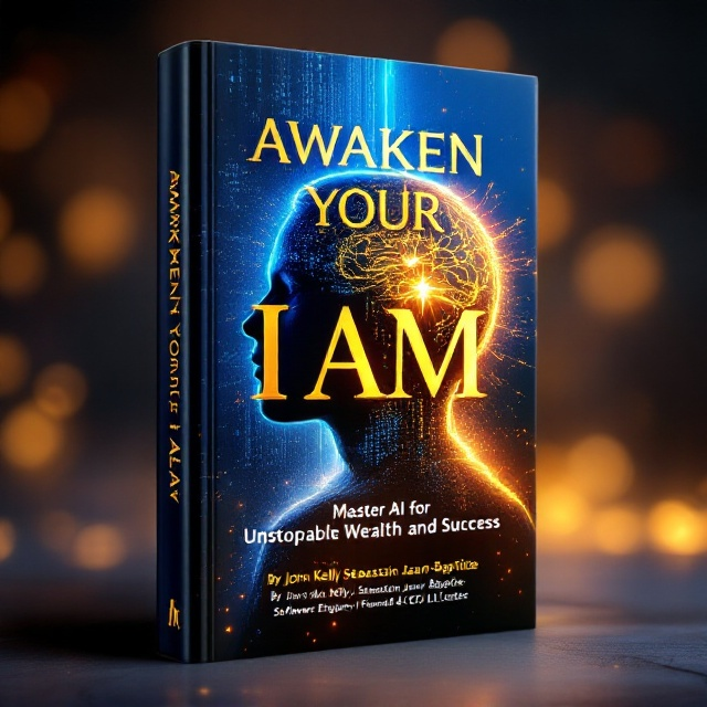 A bold and futuristic aesthetic featuring a powerful fusion of human and technological elements. The central image depicts a glowing silhouette of a person with binary code cascading down on one side and a luminous AI brain pattern on the other, symbolizing the mastery of AI to achieve personal and financial success. The background displays a gradient of royal blue transitioning into golden hues, radiating optimism and prosperity. Vibrant light burst effects subtly radiate outward, creating an energizing ambiance.