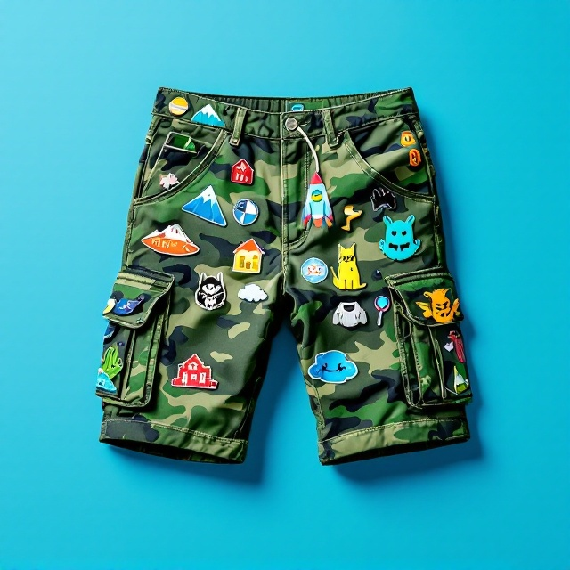 A pair of camo cargo shorts takes center stage on a bright, matte blue background. The shorts feature intricate yet playful icon designs as patches or subtle embellishments, such as a mountain, a rocket ship, a spooky haunted house, a curious cat, and an orc. These icons are colorful but slightly hand-drawn in their style, giving a whimsical, Vonnegut-esque tone. Shadows under the shorts provide a touch of dimensionality without overwhelming the design. The overall vibe is quirky and artistic.