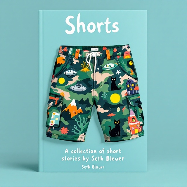 A pair of bold, illustrated camo cargo shorts is centered on a light blue background. The shorts are detailed with whimsical, colorful designs, including a green mountain, a retro silver spaceship, a black cat, a gothic-style haunted house, and a glowing yellow moon. Each design on the shorts is slightly exaggerated and cartoonish, giving the image a lighthearted and playful feel. The background is flat pastel light blue, creating a clean, modern aesthetic.