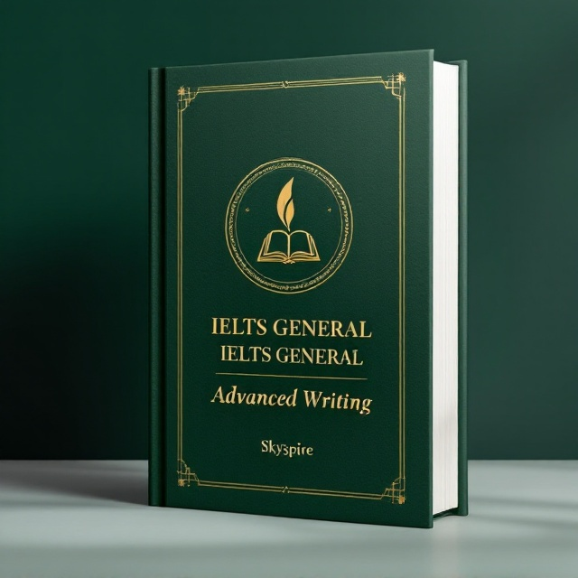 A deep, rich dark green background with a subtle textured pattern resembling fine linen to evoke an academic and composed ambiance. A central focus is placed on a sleek, circular emblem featuring a quill pen and an open book icon, subtly embossed to add dimension. Converging diagonal lines gently fade from the edges toward the emblem, drawing focus inward. The subtitle, "Advanced Writing," is highlighted below the title with fine golden accents to signify excellence. The author’s name, "Skyspire," is placed neatly at the bottom in slightly subdued white text.