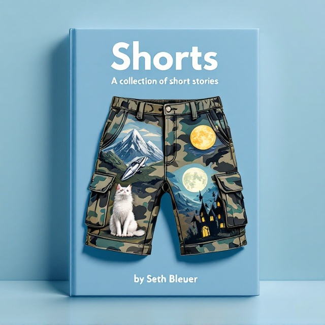 On a plain, soft blue background, a pair of camo cargo shorts is illustrated prominently in the center of the cover. The shorts are creatively designed with intricate patches of imagery a realistic mountain peak, a sleek silver spaceship, a fluffy white cat sitting serenely, a glowing ethereal full moon, and a foreboding, shadowy haunted house. Each patch is subtly textured, blending a surrealist vibe with a quirky tone. Shadows and highlights give the shorts a three-dimensional effect, creating visual depth and anchoring them to the background.