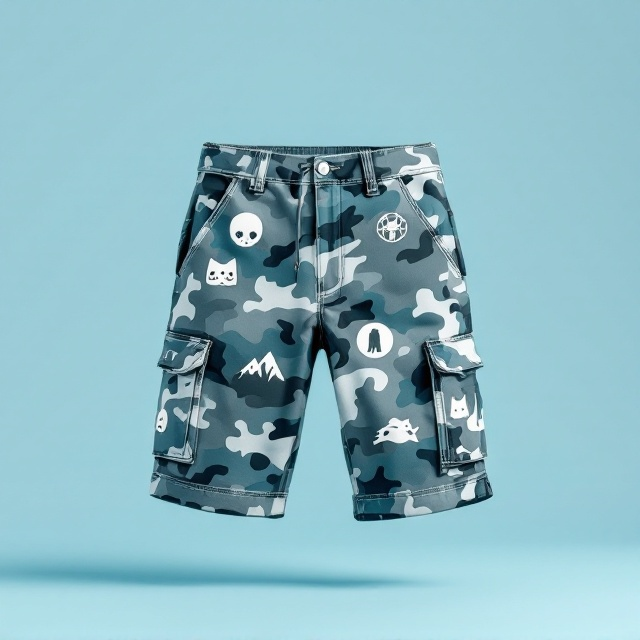 A pair of camo-patterned cargo shorts takes center stage against a clean, light blue background. The cargo shorts have subtle, minimalist designs embedded within the camouflage, including a vintage mountain silhouette, a stylized spaceship illustration, a spooky haunted house, and a cute fluffy cat icon. The designs are slightly faded into the camo pattern, maintaining a balanced and neutral tone. The background is smooth light blue with no gradient or texture to create a clean and modern aesthetic. The shorts are oriented at a slight angle, giving a dynamic composition to the otherwise clean design.
