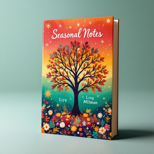 A vibrant, textured design featuring a tree in the center of the cover with branches that transition seamlessly into representations of the four seasons brightly colored foliage (spring/summer), snow-dusted branches (winter), and golden leaves (autumn). Around the tree, small illustrations of holiday elements specific to those seasons, such as ornaments, sunbursts, pumpkins, and flowers, add depth and character. The background uses a gradient blend of warm, inviting holiday colors like deep red, emerald green, and gold.