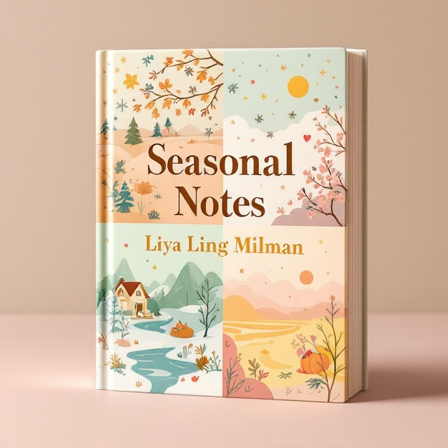 A split-dodecagon design representing the four seasons is featured on the cover. Each quadrant depicts an illustrated scene of a season a pumpkin patch for fall, snowy cabins for winter, blooming cherry blossoms for spring, and a golden beach for summer. A soft pastel gradient flows between the sections to seamlessly blend them, while faint holiday patterns—like snowflakes, autumn leaves, hearts, and stars—overlay the scenes for added depth. The background transitions in muted pastel tones to enhance the seasonal vibe.