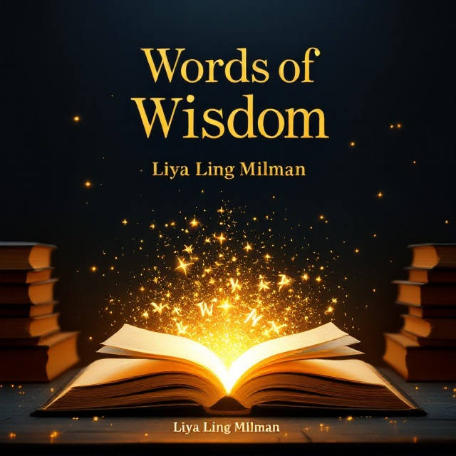 The design features a large, open book in the foreground, with golden sparkles and glowing words rising from its pages, creating the image of flowing wisdom. A calm, gradient background shifts from deep navy blue at the top to faded golden hues at the bottom, symbolizing enlightenment radiating from wisdom. Subtle details like stacked books on the sides and faint, floating text snippets anchor the theme of words and wisdom.