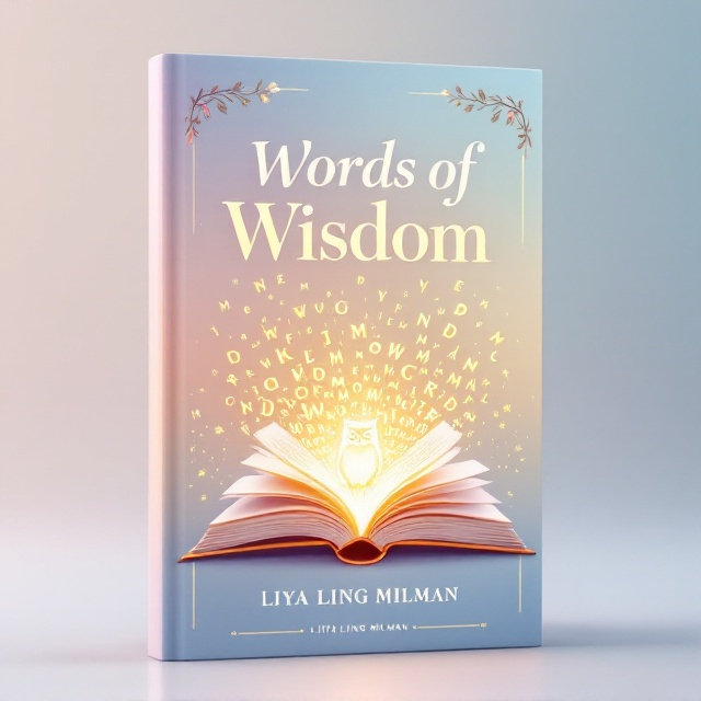 A soft pastel gradient background blending light shades of pink, lavender, and sky blue evokes a sense of calm and focus. In the center, there is an illustration of an open book with golden glowing letters emerging from its pages, forming a swirling vortex of words. Above the vortex, a silhouette of a wise owl sits perched quietly, symbolizing wisdom. Delicate floral vines frame the corners to add an elegant touch.