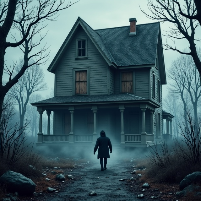 A dilapidated and abandoned house sits on a mournful, desolate landscape, with lifeless trees and a heavy, overcast sky. The house's boarded windows hint at past horrors and secrets. A single, shadowy figure stands far in the foreground, enshrouded by mist, instilling a mix of sadness and anxiety. Barely visible, claw-like tree branches surround the edges of the scene, framing the house and giving the viewer a sense of entrapment. The palette is dominated by muted blues, grays, and black, with small, faded red accents on the house to symbolize blood and trauma.