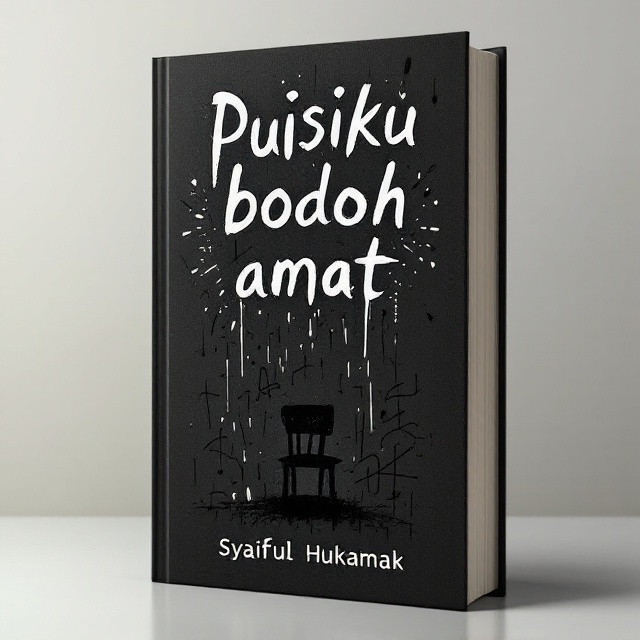 A minimalist, abstract design featuring a chaotic splash of black scribbles resembling nonsensical doodles across a textured black background. A single, off-center silhouette of a small chaotic chair—symbolizing both absurdity and solitude—sits at the lower half of the cover. The title takes center stage above the silhouette, fragmented and displayed in a "glitched" format to visually embody "bodoh.".