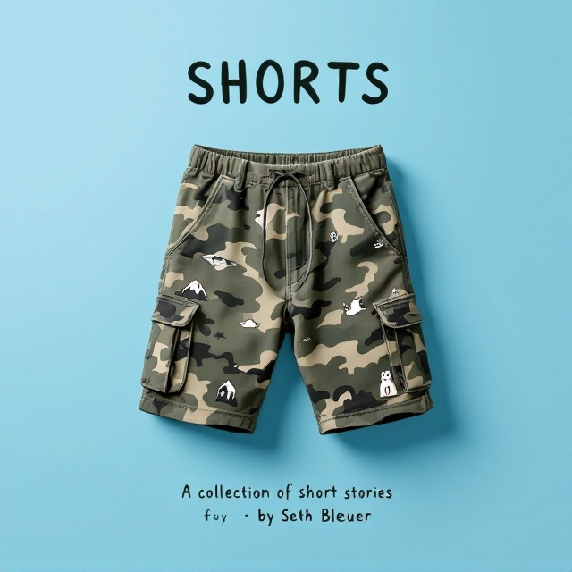 A pair of camo-patterned cargo shorts placed centrally on a light blue background. The shorts feature subtle designs in the camouflage print that include a small mountain, a spaceship in mid-flight, a haunted house silhouette, and a fluffy cat sitting calmly. The designs are understated and blend naturally into the camo, so the viewer only notices them with closer inspection. The light blue background adds a playful vibe while making the shorts stand out prominently. A faint shadow under the shorts gives a sense of depth.