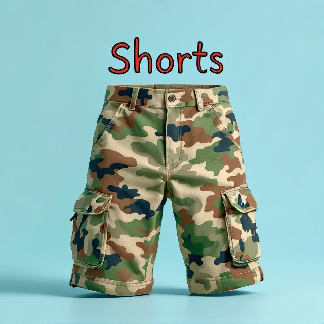 A pair of camo cargo shorts takes center stage on the cover, placed against a solid light blue background. The shorts sit upright as if “standing” on their own, with the subtle camo designs—featuring a mountain, a spaceship, a haunted house, and a fluffy cat—faintly visible but dispersed in a balanced, whimsical way. The camo color scheme is soft, blending muted greens, browns, and tans. The background is a flat pastel blue, evoking a playful yet modern tone.