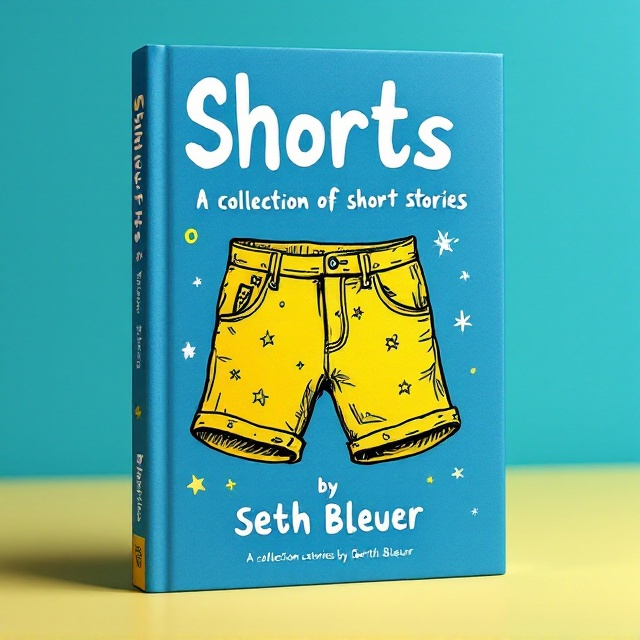 A pair of illustrated yellow shorts, drawn in a quirky, hand-sketched Kurt Vonnegut-inspired style, placed in the center of a bold, flat blue background. The shorts have whimsical detailing, such as small stars or doodles sketched on them in white. The shorts appear to be slightly tilted, giving them a playful, dynamic feel. Around the shorts, small, scattered doodles (like squiggly lines, smiley faces, or abstract shapes) add to the feeling of fun and lightheartedness.