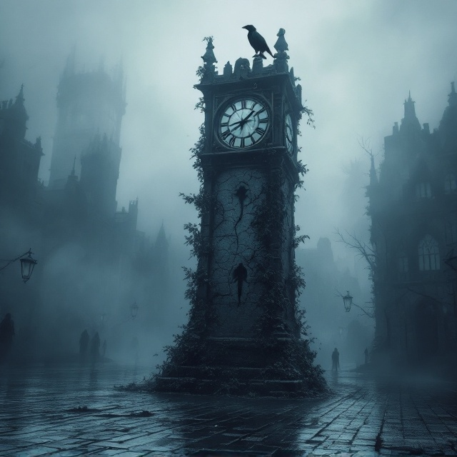 The cover depicts a haunting, foggy town square in muted shades of gray, blue, and black. The central focus is an ancient clock tower, cracked and leaning slightly, constructed from dark, oppressive stone overrun by ivy. Its clock's hands are frozen at midnight, and the detailed cracks give an impression of its slow, inevitable decay. Shadowy, ghost-like figures seem to swirl subtly in the fog in the background of the square, giving an otherworldly feel. High above, the faint outline of a raven is perched on a spire of the tower, barely visible through the mist. The ground in the town square is cobblestoned, slick with rain, reflecting distorted shapes of the tower and fog.