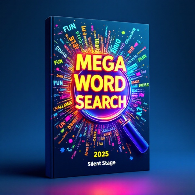 A vivid explosion of colorful word puzzle illustrations spread across the cover, symbolizing the essence of word search. Words like "Fun," "Challenge," and "2025" are integrated into the background as part of the design, subtly blending into the visual elements. A glowing magnifying glass is placed over a section of the found "Mega Word Search," hinting at the activity within. A gradient sky-blue and vibrant yellow background adds energy and grabs attention.