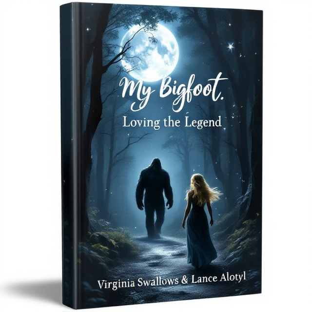 The cover presents a dimly lit forest bathed in silvery moonlight. A bright, full moon dominates the sky slightly to the left of the center, casting an ethereal glow onto the path below. A tall, shadowy figure of Bigfoot is visible mid-stride, partially hidden by dark trees. A blonde woman with soft, cascading curls, dressed in a flowing dress, walks slightly ahead on the path, looking over her shoulder with a mix of curiosity and vulnerability. The warm yellow hue of her hair contrasts subtly against the cool blues and greys of the forest. Small, faint sparkles (suggestive of magic) hover near the edges for a touch of whimsy.