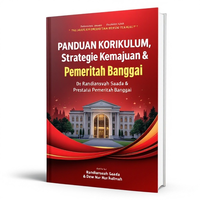 standing book mockup, Its title is "Panduan Korikulum, Strategi Kemajuan & Prestasi Pemerintah Banggai ". Its author name is Randiansyah Saada & Dewi Nur halimah .  A central, clean image of the Banggai Regent's office or an iconic landmark in the Banggai region. Overlaid on the image is a subtle diagonal gradient filter, transitioning from a deep red at the top to a lighter red at the bottom, symbolizing progress. A banner or curve like a ribbon weaves through the book cover, visually representing movement and achievement. Small, faint silhouettes of key achievements (like people standing united, buildings, or charts rising) are subtly placed in the background to add depth and narrative. The title is displayed in a bold sans-serif font, such as Montserrat or Open Sans, in white with subtle embossing to stand out against the red background. The subtitle is smaller, italicized, and placed just below the title in gold or light red. The authors’ names are featured in elegant script typography, such as Alex Brush, at the bottom, adding a personal touch., The title is prominently positioned at the top, with the subtitle directly underneath. The central imagery is placed slightly skewed to the right to create a dynamic look. The authors' names are positioned at the bottom with a thin, decorative gold strip underlining them. The ribbon-like banner from left to right divides the layout into two sections, symbolizing growth or transition visually.