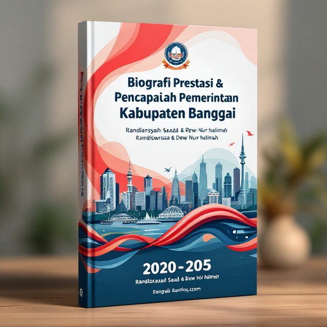 The cover features an iconic silhouette of Banggai's coastline with a blend of notable landmarks and abstract geometric patterns representing regional development. A red-hued gradient flows from the top left to the bottom right, symbolizing ambition and progress. The middle section includes a faint watermark of the Banggai Regency's official emblem, subtly incorporated into the background. In the foreground, a bold image of a ribbon-shaped timeline highlights the years 2020–2025, symbolizing growth and achievements.