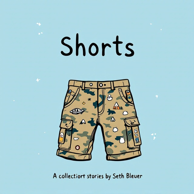 An illustration of a pair of khaki-colored cargo shorts is centered on a light blue background. The shorts feature camo-inspired designs with subtle, playful elements like a mountain peak, a retro-styled cartoon spaceship, a spooky haunted house, and a fluffy white cat integrated into the pattern. The designs are minimalistic in a Kurt Vonnegut-inspired sketched style. The blue background is uniform, with a few whimsical, abstract dashed lines to suggest movement and energy surrounding the shorts.