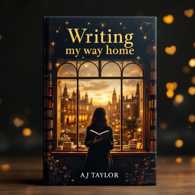 standing book mockup, Its title is "Writing my way home". Its author name is AJ Taylor.  A softly lit depiction of a quaint, cozy bookshop dominates the lower half of the cover, with warm tones of gold and brown highlighting the shelves filled with books. Through the shop's window, the grand silhouette of Oxford University's architecture glows under a cloudy yet serene evening sky. A lone woman, Catherine, stands inside the shop, slightly turned toward the window, holding an open book, her expression wistful yet hopeful. Behind her, faint golden orbs of light float, representing dreams and possibilities. A subtle heart-like outline weaves into the background, symbolizing romance. The book title, "Writing My Way Home," is styled in an elegant serif font, with "Writing" and "Home" slightly larger. The golden hue of the text contrasts against the dim bookshop background. The author’s name, "AJ Taylor," is set in a sleek sans-serif font in white, placed subtly at the bottom., The title is centrally positioned at the top of the cover, forming an arc above the Oxford University skyline, while the bookshop fills the majority of the image in the foreground. Catherine’s figure is slightly to the right, leading the viewer's eyes toward her open book and the details outside the window. The author’s name aligns at the bottom to create balance. The lighting gradates naturally, drawing attention to the title first, then to Catherine, and finally, to the Oxford University backdrop.