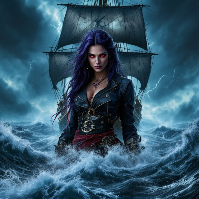 A stormy, tumultuous seascape consumes the background with deep, violent waves rendered in dark, textured layers of navy blue and charcoal-gray tones. At the center, a massive pirate ship with torn sails looms, splitting through the ferocious storm. At the forefront of the ship, a tall woman with striking dark purple hair and piercing crimson eyes stares unflinchingly above the horizon. She wears a sleek, battle-worn pirate outfit accented with silver buckles and a crimson sash. A prominent scar crosses beneath her right eye, faintly illuminated by the storm's flashes of lightning. The lighting adds dramatic highlights to her figure and the ship, leaving the rest of the scene enveloped in eerie shadows.
