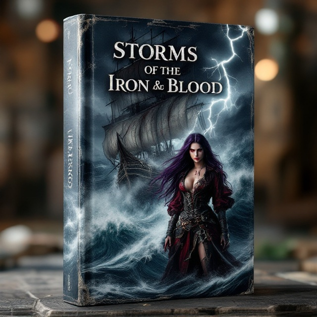 A dark and stormy sea takes up the majority of the cover, with swirling waves in shades of dark blue, gray, and black. A large pirate ship with torn sails crests atop a massive wave, its wood painted with streaks of blood-red. At the forefront of the ship’s bow, a tall, dangerous-looking woman with flowing dark purple hair and an intense gaze of crimson eyes stands defiantly. A jagged scar runs under her right eye, and she is dressed in a rugged pirate outfit of deep crimson and gold-trimmed edges. Lightning splits the sky in the background, casting an eerie glow.