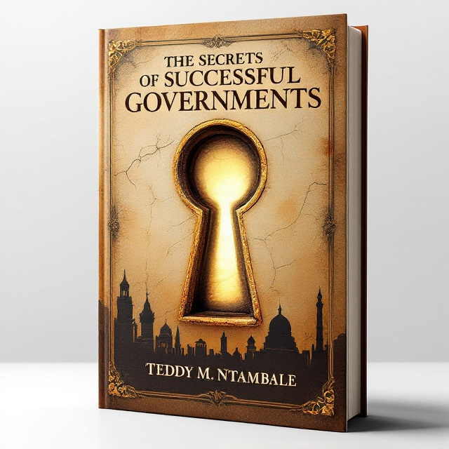 standing book mockup, Its title is "The Secrets of Successful Governments". Its author name is Teddy M. Ntambale .  The cover consists of a vintage parchment-style background, textured with faint cracks and weathered edges to evoke an aged feel. At the center, a large rusted keyhole is subtly blended into the backdrop, with faint light spilling out from it, hinting at secrets within. Below the keyhole, shadowy outlines of old government architectural symbols (like domes or columns) are merged seamlessly into the textured background. These elements are lightly muted so the keyhole remains the focal point. A minimal frame borders the cover, resembling worn leather binding typical of vintage tomes. The title "The Secrets of Successful Governments" is in an ornate yet readable serif font resembling Baskerville or Garamond, with subtle golden foil embossing for added elegance. The author’s name, "Teddy M. Ntambale," appears at the bottom center in all caps, laid out in a distinguished yet understated sans-serif font, colored in muted gold or bronze., - Title prominently placed in the upper half, just above the keyhole. - Keyhole positioned in the center to draw immediate focus. - Subtle architectural background textures placed behind the keyhole imagery. - Author's name along the bottom edge, aligned to the center for visual balance. - Frame surrounds all elements, containing them in a balanced, vintage design.