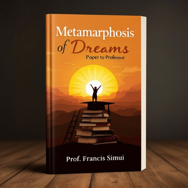 The cover features an artistic illustration of a sunrise breaking over a horizon resembling the shape of a university graduation cap. In the foreground, a silhouette of a ladder ascends from a stack of old books to a shining star, symbolizing the journey from humble beginnings to academic achievement. The background blends shades of orange and brown, transitioning smoothly to evoke warmth and inspiration.