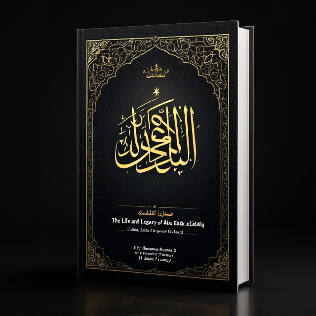 An elegant Arabic calligraphy of Hazrat Abu Bakr's name centrally placed, adorned with subtle decorative Islamic motifs such as geometric patterns and floral arabesque. The background is a gradient fade from deep black to a soft charcoal, creating an aura of spirituality and depth. A light glow effect radiates from the Arabic calligraphy to emphasize its importance. The author's name is placed at the bottom in a balanced style, with “By Muhammad Hussain & Hashir Farooqui” subtly displayed in white.