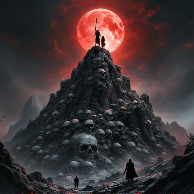 A jagged mountain of skulls is at the center, painted with eerie precision to evoke a sense of death and foreboding. Two elf warriors stand at the summit, their sharp armor glinting under a blood-red moon. The foreground is alive with shadowed wisps of smoky darkness, heightening a gothic horror aesthetic. One elf warrior wields his sword skyward, its blade glowing faintly with an ominous red hue. The background fades into a stormy black-and-red sky, with faint silhouettes of defeated foes cascading down the sides of the mountain.