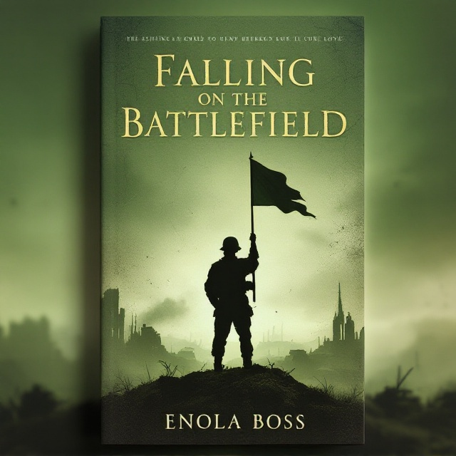 A striking silhouette of a lone soldier standing on a bare hilltop, holding a flag. Behind him, faint silhouettes of crumbling buildings and military tanks add depth to the background. The sky above the soldier is filled with hues of olive green, creating a gradient that grows darker at the top. A subtle texture of scratched lines and dirt overlays the background, hinting at struggle and war. Soft, swirling shapes are subtly embedded to imply betrayal and love amidst the chaos.