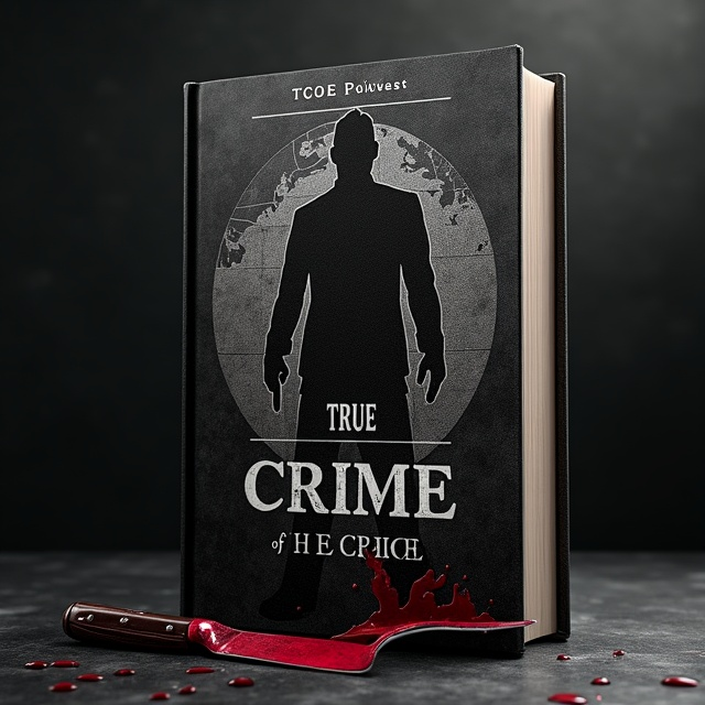 standing book mockup, Its title is "True Crime Of The Empire". Its author name is TCOE Podcast.  A black, textured background evoking the feeling of faded, aged materials, overlaid with the faint outlines of a world map in dark gray tones, subtle enough to look worn by time. In the center, a silhouette of a spy figure holding a gun, blended into the background. A bloodied knife lies diagonally across the bottom corner, with droplets forming a trail leading to the book title. A subtle shadow effect gives depth, while dim light beams focus on the central spy figure. A serif font with sharp angles and classic lines for the title ("True Crime Of The Empire"), etched in bold white with a subtle metallic sheen. The author’s name, “TCOE Podcast,” is in a smaller sans-serif font, placed discreetly at the top in gray, balancing the vintage and modern look., Title occupies the lower middle portion prominently. The spy silhouette is central, layered over the map background. The knife and blood trail draw the eye toward the bottom left corner. The author’s name is placed at the top center but small enough not to overpower. It uses clean, minimal spacing to maintain focus on the imagery without clutter.