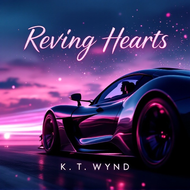 A sleek and modern race car is illuminated under dramatic lighting in the foreground. The backdrop features a dusky twilight sky, tinged in pinks and purples to evoke longing and romance. The car’s side window reflects a blurred silhouette of a man and woman, positioned close enough to suggest tension and intimacy, but far enough to convey hesitation. Swirling motion lines around the car imply speed and excitement while soft, glowing particles float in the background, adding a dreamlike quality.