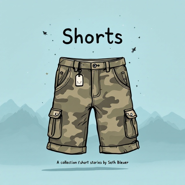 A pair of illustrated, camo-patterned cargo shorts takes center stage on a light blue background. The shorts are drawn in a simple, almost sketch-like style inspired by Kurt Vonnegut’s playful and modest approach to art. Behind the shorts, a faint silhouette of a mountain rests subtly in the backdrop, blending seamlessly into the design. Small, whimsical symbols like a spaceship, a sword, and a dog tag are discreetly scattered around the shorts in a way that radiates the themes of military fiction, science fiction, and fantasy without overwhelming the playful tone.