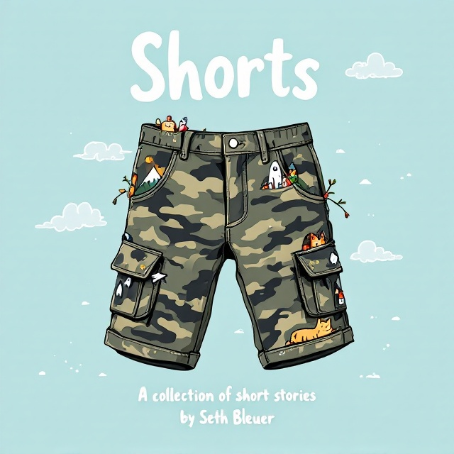 An illustration of a pair of camo cargo shorts as the central feature, positioned in the middle of the cover. Each pocket and fold of the shorts is intricately adorned with small, whimsical illustrations a mountain rising from the left pocket, a sleek rocketship launching from the right pocket, a haunted house etched onto a leg panel, and a fluffy cat lounging on the surface of another. All these elements are subtly nested into the camo pattern of the shorts, blending playfully yet standing out with slight color accents. The background is a light blue sky with faint hand-drawn clouds, reinforcing a cheerful and lighthearted feel.