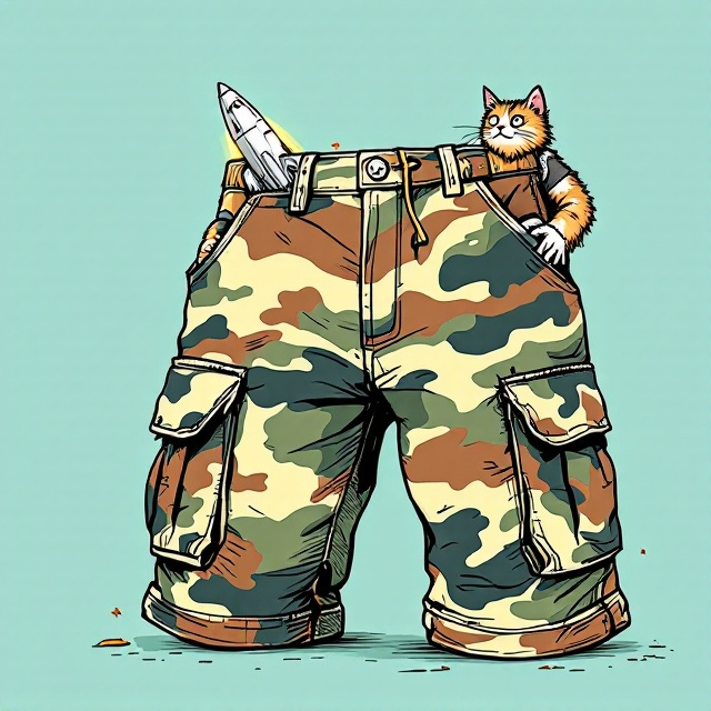 A playful illustration features a pair of oversized camo cargo shorts, rendered in a Kurt Vonnegut-inspired whimsical art style. The shorts are the centerpiece, displayed against a simple, light teal background. The camo pattern of the shorts is detailed with intricate, quirky designs—a rugged mountain on one pant leg morphing seamlessly with a spooky haunted house on the other. From the left pocket, a sleek, futuristic sci-fi spaceship zooms out at an angle, its bright contrail curving dynamically toward the top of the cover. From the right pocket, a curious, cartoonish orc peeks out comically, with just its head and shoulders visible. On the left cargo pocket, a fluffy, wide-eyed cat pokes its head out inquisitively, adding a touch of lighthearted absurdity. The art style features bold outlines, playful proportions, and bright, saturated colors, all exuding an air of levity and fun.